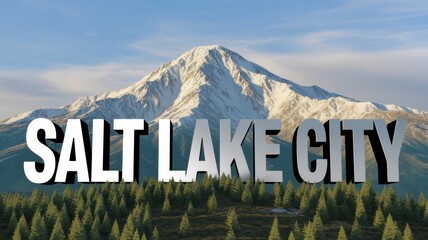 3D Text of Salt Lake City Against a Scenic Mountain Landscape in Bright Colors, Ideal for Travel Promotions