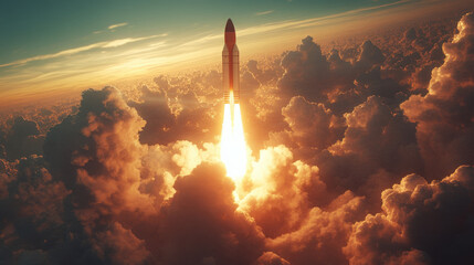 Rocket launching into the sky through fluffy clouds. The image captures the moment of liftoff with the vibrant blue sky and dramatic clouds.