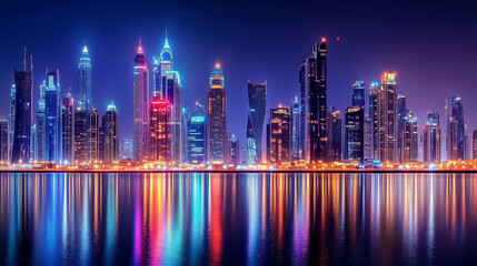 Fototapeta premium Vibrant skyscrapers shine brightly against the night sky, creating a colorful city skyline reflected in the water