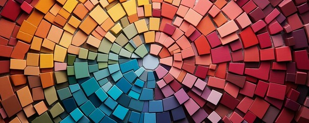 Abstract circular mosaic of vibrant, angular blocks, capturing the motion of color and geometric harmony
