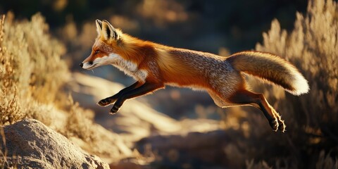 Red Fox Jumping Over Rock