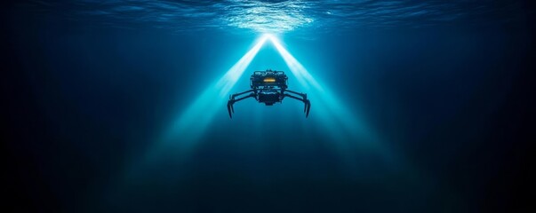 Remotely operated vehicle ROV exploring underwater wreckage, beams of light piercing the dark, advanced deep-sea technology