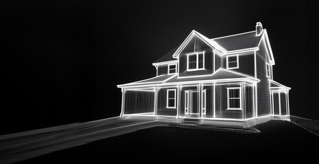 Glowing detailed holographic wireframe outline of 2 story home & driveway. A white wireframe 3D house, Protective digital boundary, tracing doors, windows, walls smart security, isolated on black