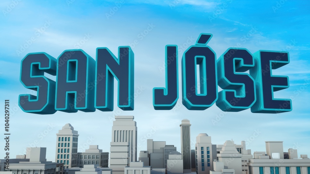 Sticker Colorful 3D Text 'San José' Over a City Skyline, Great for Travel Promotions