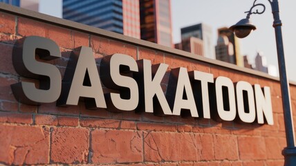 Obraz premium Urban Wall Signage: 'Saskatoon' 3D letters on a brick wall with city skyline backdrop, ideal for travel and urban exploration visuals.