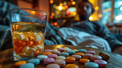 Glass full of colorful pills standing on a table with a man lying on a couch in the background