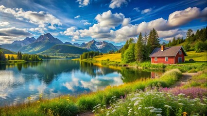 Fototapeta premium Summer Landscape with a Red House by a Serene Lake in the Mountains - Scenic Nature Photography
