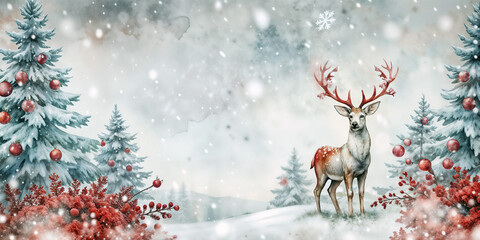 Reindeer in Snowy Forest with Red Ornaments and Copy Space