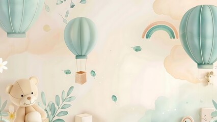 Soft Pastel Nursery Background with Hot Air Balloons, Teddy Bear, and Rainbow, Perfect for Baby Room Decor and Baby Shower Invitations