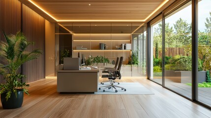 Fototapeta premium A modern office with a large window and a potted plant