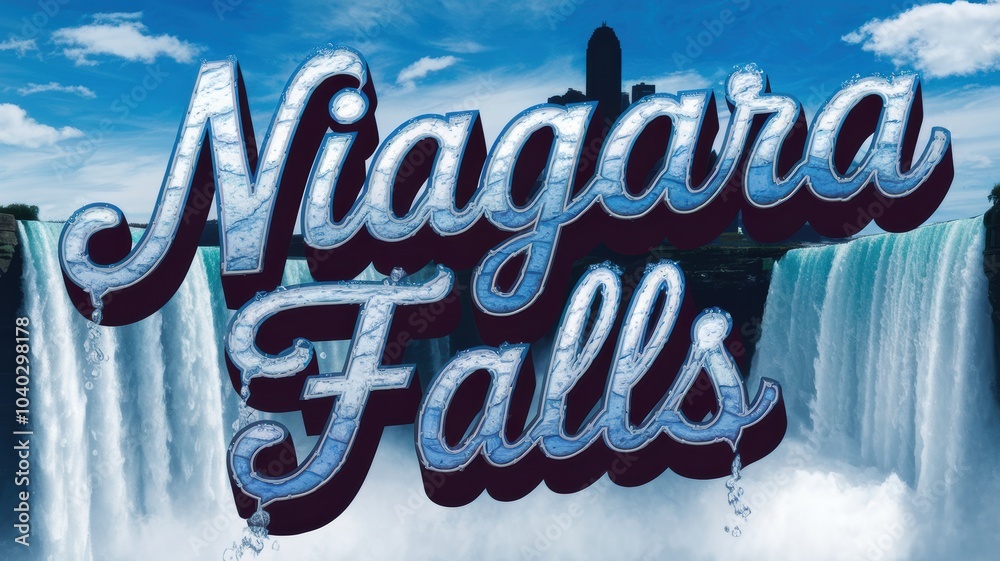 Wall mural Stylized Text of Niagara Falls: A vibrant blue background with flowing water imagery and graphic lettering, ideal for travel promotions.