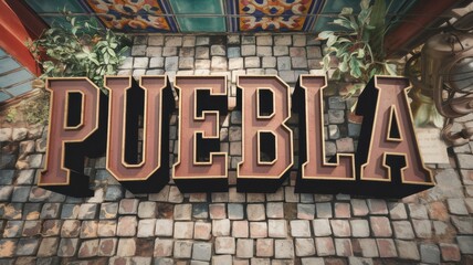 Colorful Puebla Sign: A Vibrant Display on Cobblestone Street Surrounded by Greenery, Perfect for Travel and Cultural Promotions