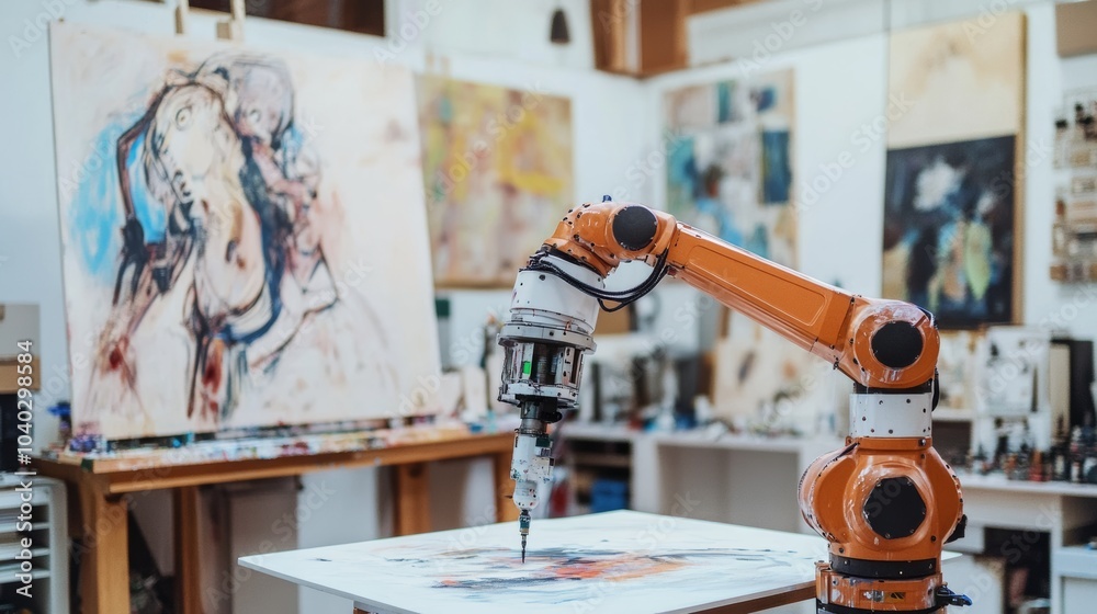 Aufkleber a robotic artist creating intricate paintings in a modern art studio, clean and creative environment
