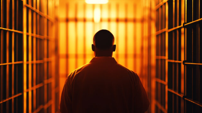 solitary figure stands in prison corridor, illuminated by warm orange light, evoking sense of confinement and reflection. atmosphere is heavy with emotion and contemplation