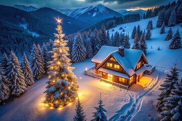 Fototapeta premium Aerial view of Christmas night outside a mountain house with Christmas tree