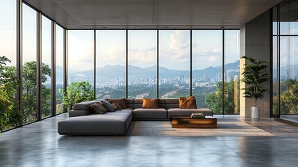 Modern luxury living room with a sleek sectional, concrete floors, and panoramic glass windows, luxury sleek living room, industrial chic