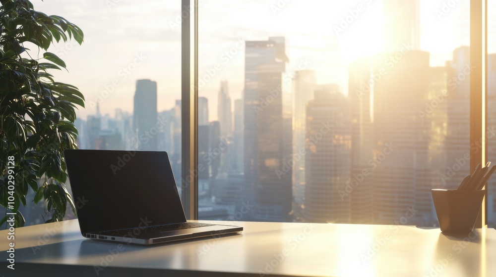 Aufkleber a sleek laptop sits on a desk while sunlight floods into the workspace, illuminating the urban skyli