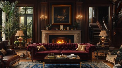 Fototapeta premium Opulent living room with a velvet chesterfield sofa, gold accents, and a grand fireplace, luxury opulent living room, classic sophistication