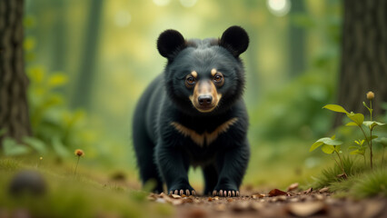 Fototapeta premium A Small Curious Black Bear Standing Idly in the Lush Woods, Embracing the Peaceful Sounds of Nature