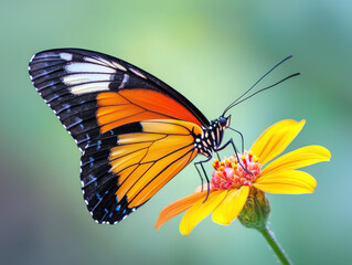 Naklejka premium vibrant butterfly perched on bright yellow flower, showcasing its striking orange and black wings. delicate details of nature evoke sense of tranquility and beauty