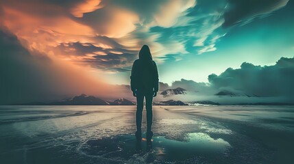 A solitary figure stands against a dramatic sky, reflecting on nature's beauty and vastness.