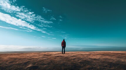 A solitary figure stands on a vast landscape under a blue sky, evoking contemplation and solitude.
