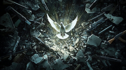 Dove Flying Amidst Broken Weapons