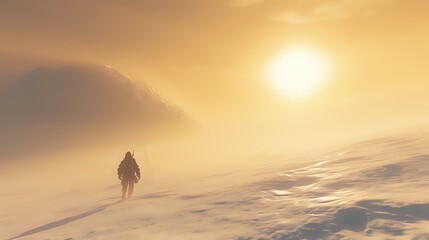 A solitary figure walks through a snowy landscape under a warm, glowing sun.