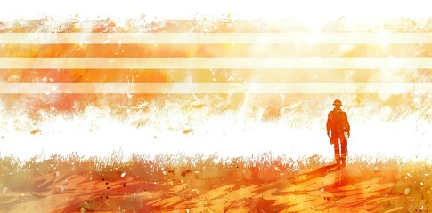 A solitary figure walks through a bright, abstract landscape filled with warm colors.