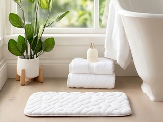 Cozy bath mat with soft texture, next to fluffy towels, warm and inviting spa-like bathroom