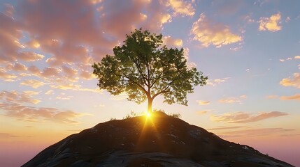 A solitary tree on a hill at sunset, symbolizing peace and nature's beauty.