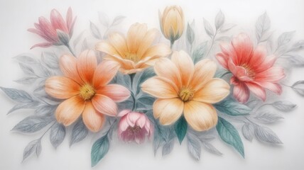 Colorful flower arrangement with orange and pink blooms surrounded by green leaves on soft background