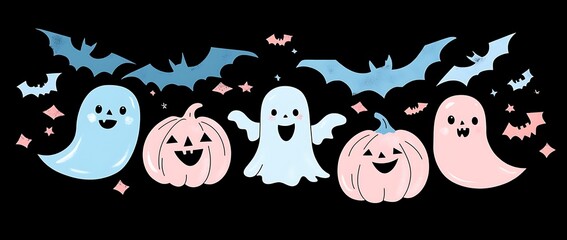 Black Background with Cute Pink and Blue Cartoon Ghosts, Pumpkins, and Bats – Hand-Drawn Watercolor Style Vector Banner, High Resolution