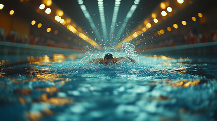 A competitive swimming event at an indoor pool, with swimmers diving into the clear blue water as the race begins. The audience watches from the stands, and the air is filled with