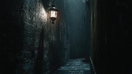 Dark, narrow, wet, eerie alley lit by single lantern