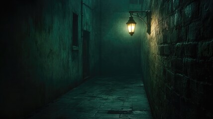 Dimly lit narrow alleyway at night with glowing streetlamp, casting eerie shadows on damp walls