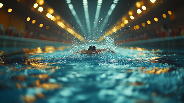 A competitive swimming event at an indoor pool, with swimmers diving into the clear blue water as the race begins. The audience watches from the stands, and the air is filled with