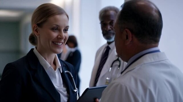 young pharmaceutical sales rep engaging with doctor or confident representative discussing medication in hospital