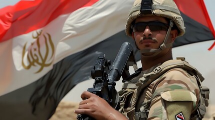 A soldier stands with a weapon in front of an Egyptian flag, symbolizing military presence.