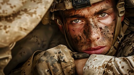 A soldier with camouflage paint gazes intensely, conveying focus and determination.