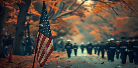 A solemn parade with an American flag amidst autumn leaves and military personnel.