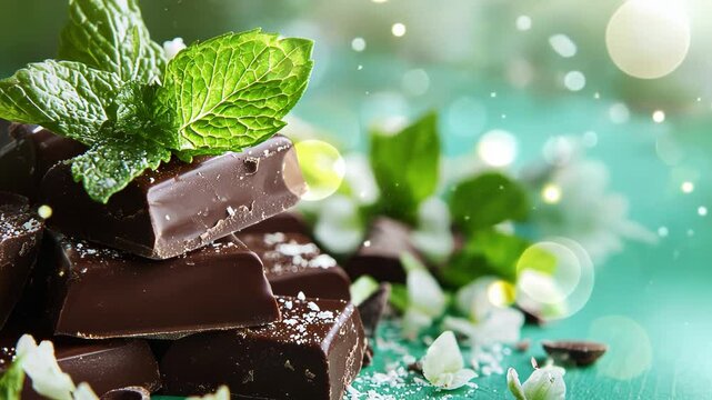 A close-up of dark chocolate pieces garnished with mint leaves, evoking a fresh, indulgent vibe.