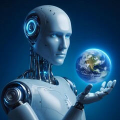 artificial intelligence Earth globe holding hand watch probing gaze looking cyborg science engineering