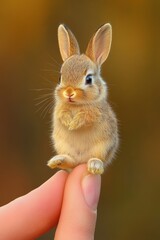 Fototapeta premium Cute Rabbit Balancing on a Finger: A Tiny, Adorable Bunny with Fluffy Fur and Bright Eyes, Perfect for Animal-Themed Projects