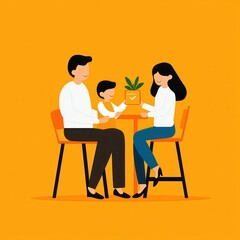 Family enjoying time together at a table, cheerful interaction, bright background.