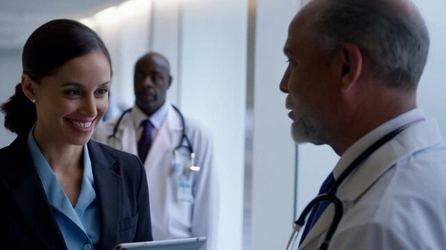 young pharmaceutical sales rep engaging with doctor or confident representative discussing medication in hospital