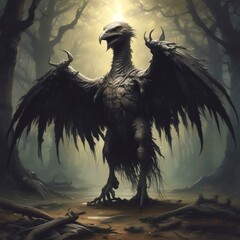 Illustration of dark bizarre creature with wings. 
