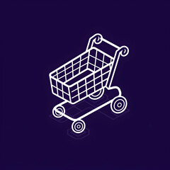 A white outline of a shopping cart icon in an isometric view against a dark blue background represents online shopping and e-commerce.