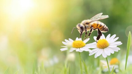 Bee on a daisy in a sunny, green field