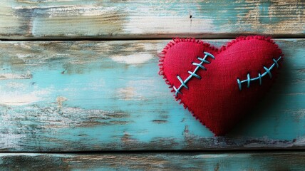 Red fabric heart with blue stitches on rustic wooden background